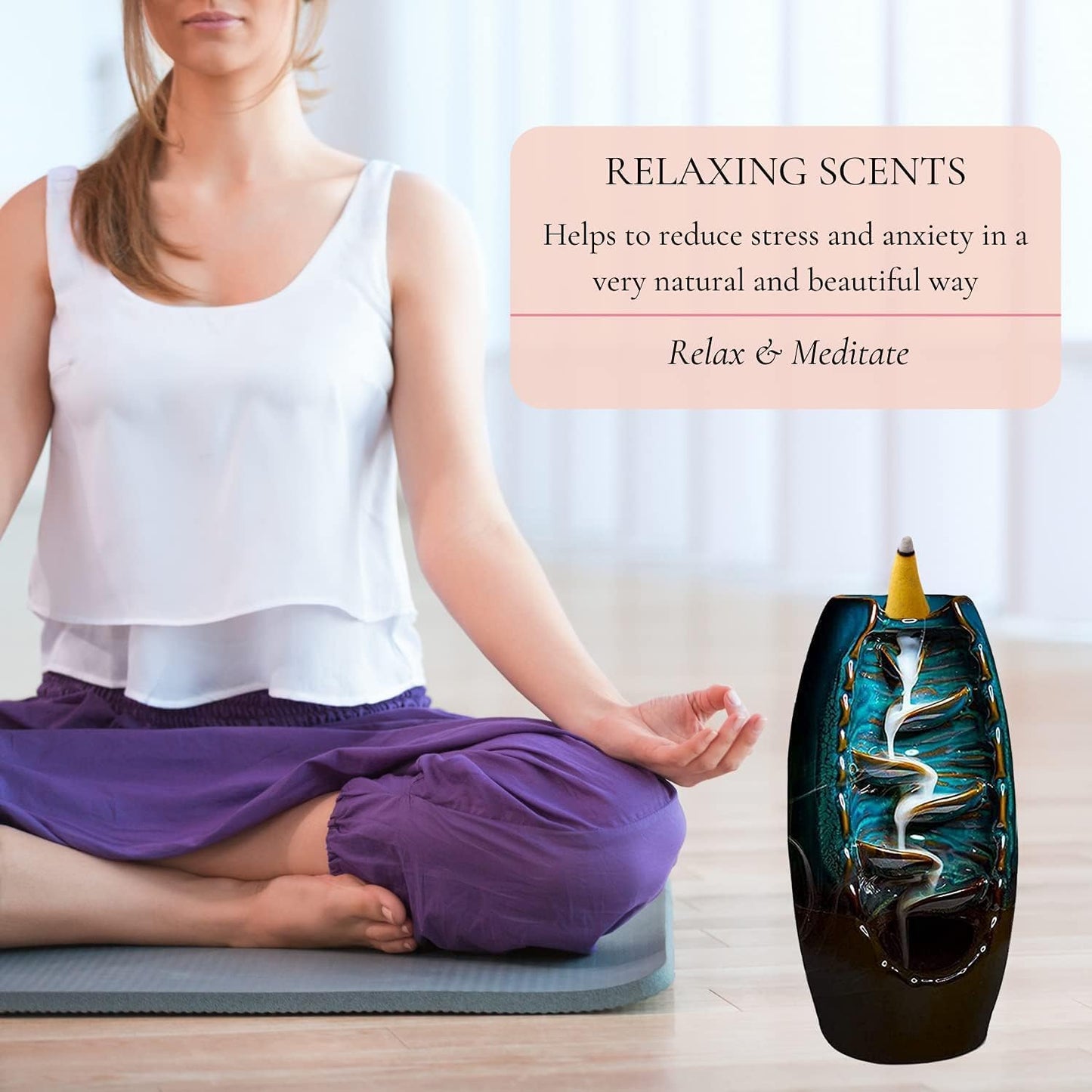 Inscents Waterfall® Essential Relaxing Backflow Incense Cones-100% Natural Scents-100 Pack -Enhance Meditation and Mindfulness | Includes Rose, Lavender, Mint, Lemongrass and More