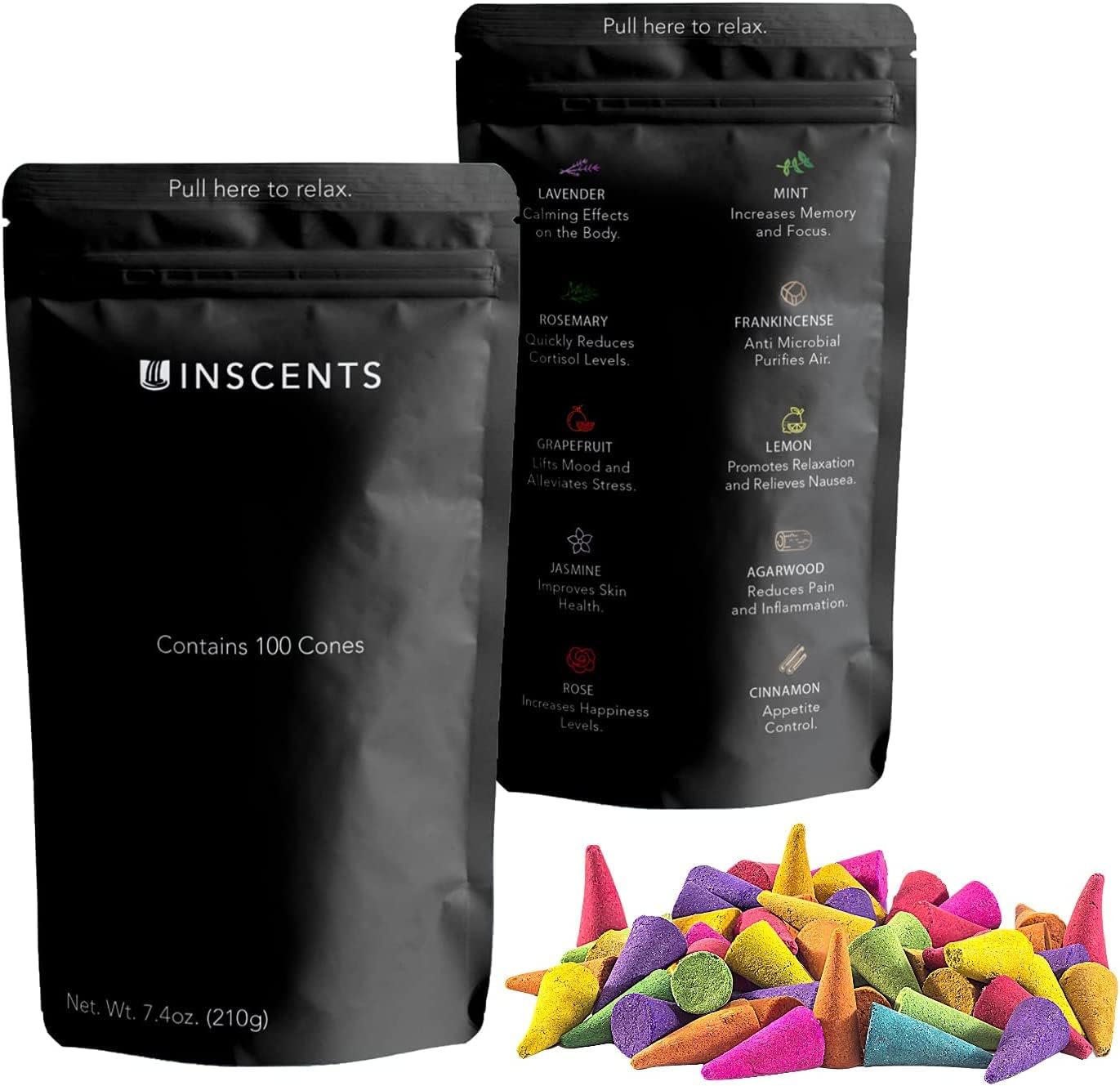 Inscents Waterfall® Essential Relaxing Backflow Incense Cones-100% Natural Scents-100 Pack -Enhance Meditation and Mindfulness | Includes Rose, Lavender, Mint, Lemongrass and More