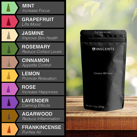 Inscents Waterfall® Essential Relaxing Backflow Incense Cones-100% Natural Scents-100 Pack -Enhance Meditation and Mindfulness | Includes Rose, Lavender, Mint, Lemongrass and More
